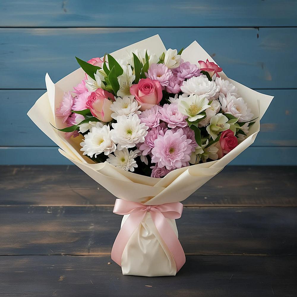 Букет цветов из: Хризантемы, Альстромерии и Розы в Горном Ставропольского края